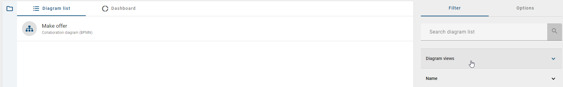 The diagrams list with the additional filter facet "diagram views" is displayed here.