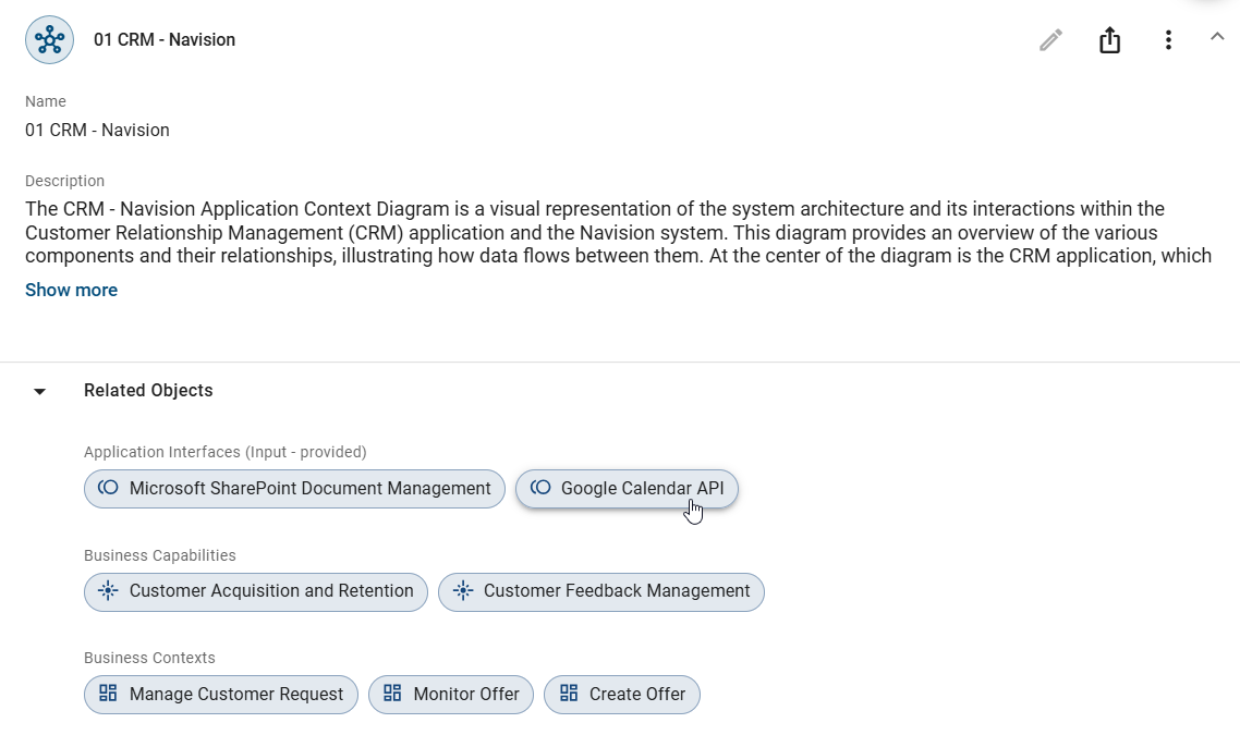 The screenshot shows the details of an EAM context reference with the highlighted object "Google Calendar API".