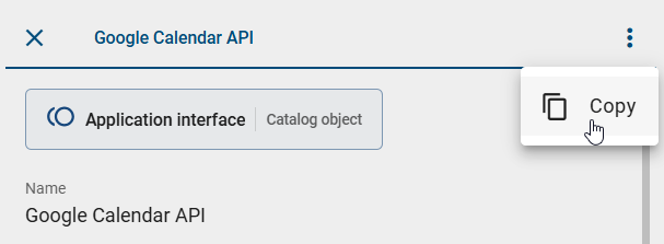 The screenshot shows the "Copy" option for an object in the detail view of an object.