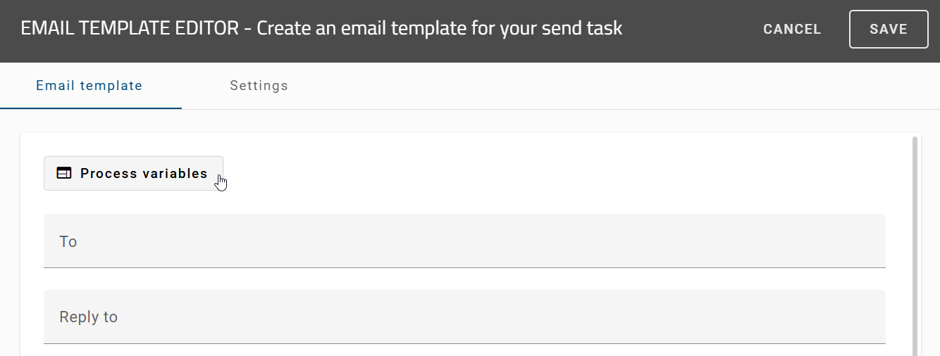 The screenshot shows the "Process variables" button in the "Email template editor".