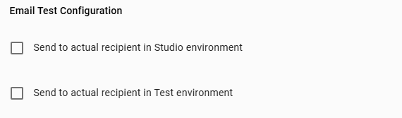 The screenshot shows the option to set up an email test configuration in the email template editor under the "Settings" tab.