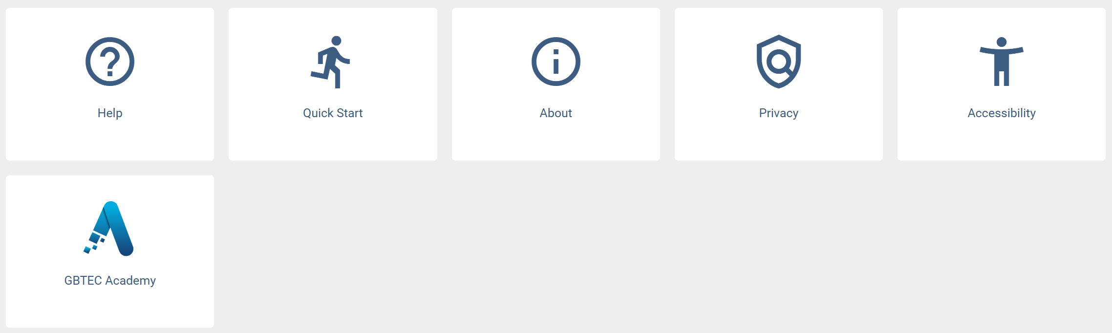 The screenshot shows all available tiles in the "Help" menu item.