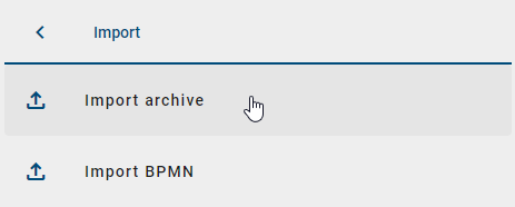 The screenshot shows the options for the import of an archive or a BPMN diagram.