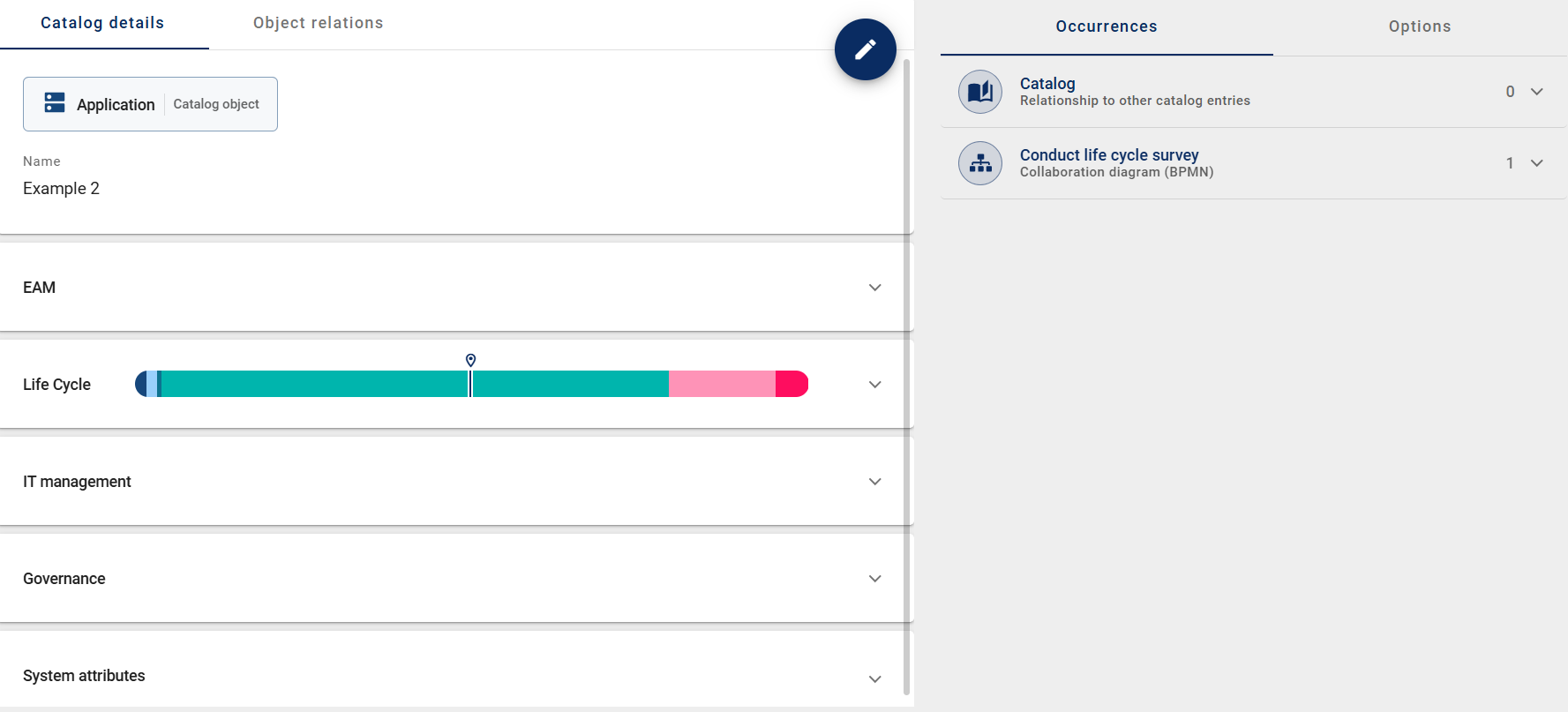 The screenshot shows the detail view of a catalog object in the catalog with the "Life Cycle" attribute group, where the lifecycle is displayed as a colored timeline.
