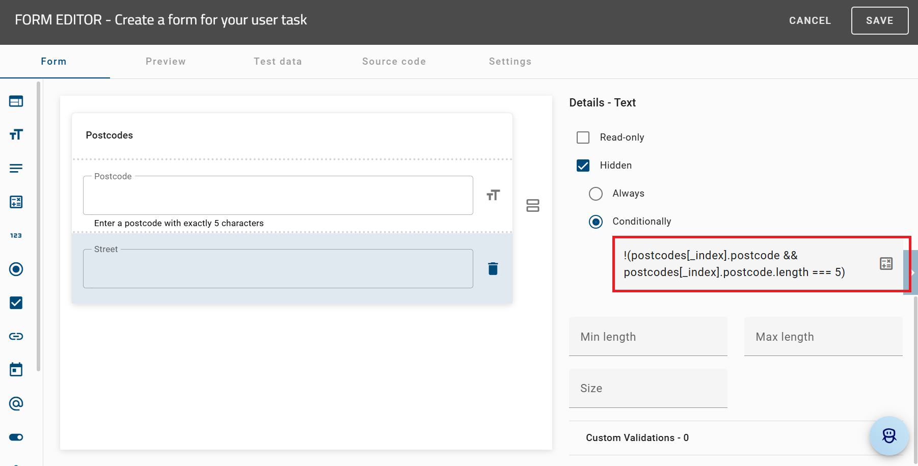 The screenshot shows the "Form Editor" with the field street configured as Hidden