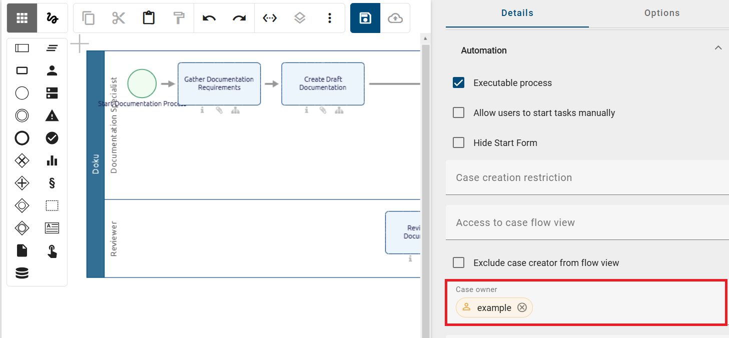 The screenshot shows the "Automation" attribute group in the "Details" panel in the right sidebar with the filled "Case Owner" input field.