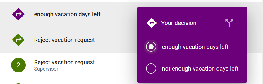 The screenshot shows the possible choices of an "or" gateway in process execution.