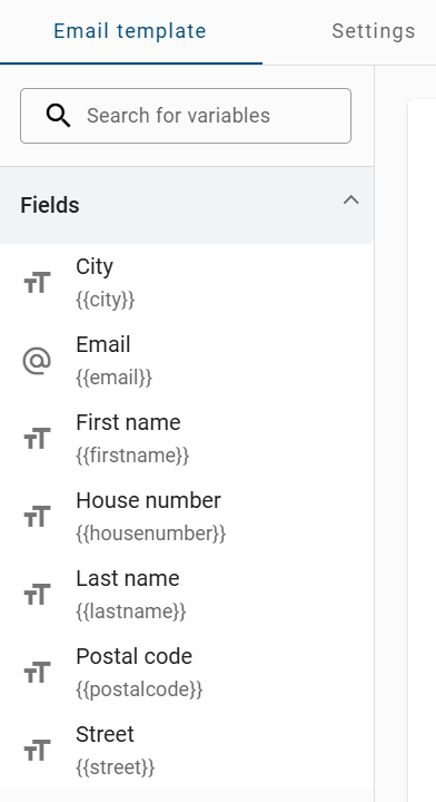 The screenshot shows the process variables selection menu in the "Email template editor" with the correpsonding search field and an alphabetically sorted list of available variables.