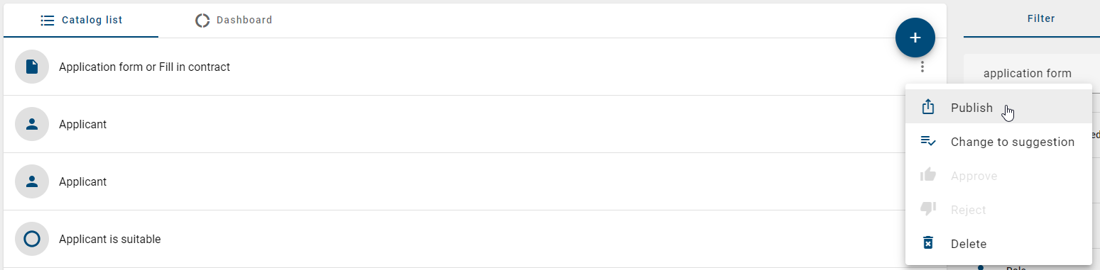 Here, the "Publish" button of a catalog item is displayed in the context menu.