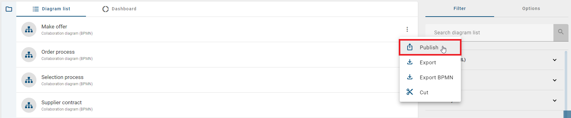 The option "Publish diagram" in the context menu in the diagrams list is displayed here.