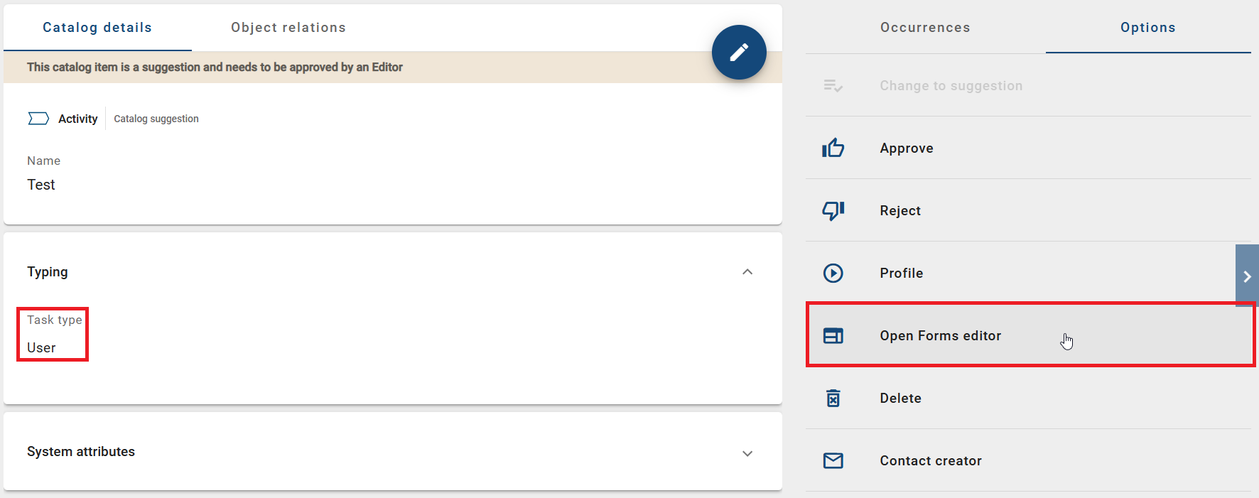 The screenshot shows the option to open an editor in the details view of an activity in the catalog.