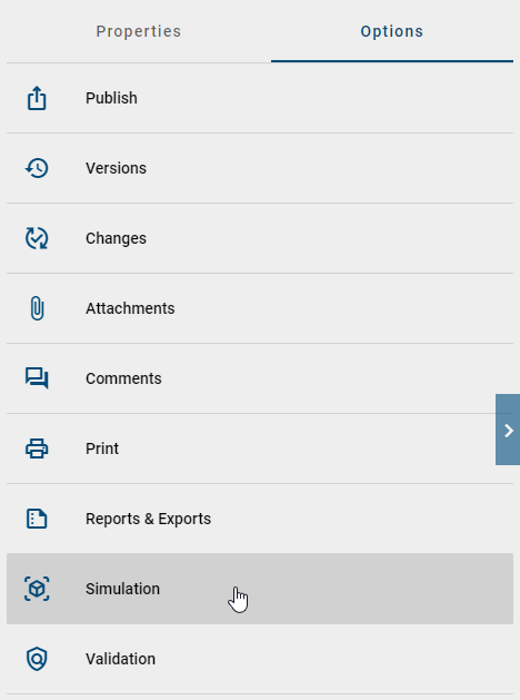 The options of the diagram view with the button "Simulation" is shown here.