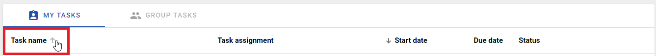 The screenshot shows the sorting option for the task list.