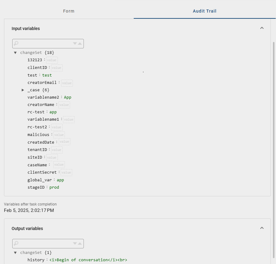 The screenshot shows the "Audit Trail" panel with the input and output variables of a task.
