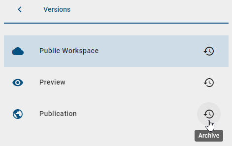 Here, the option "Archive" of the Publication stage is displayed by a clock in the versions menu.