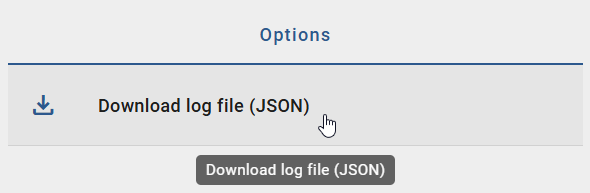 The screenshot shows the "Download log file (JSON)" option in the "Options" panel in an audit trail for a change workflow.