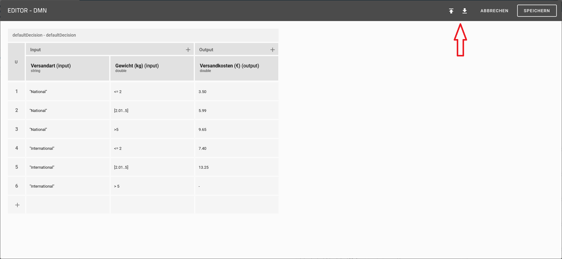 Angezeigt werden die Schaltflächen "Import file" und "Export file" vom Kontextmenü des DMN-Editors.