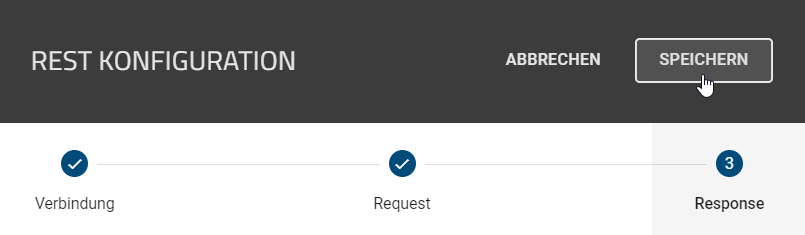 Hier werden die Buttons "Abbrechen" und "Speichern" in der Kopfleiste der REST Konfiguration gezeigt.