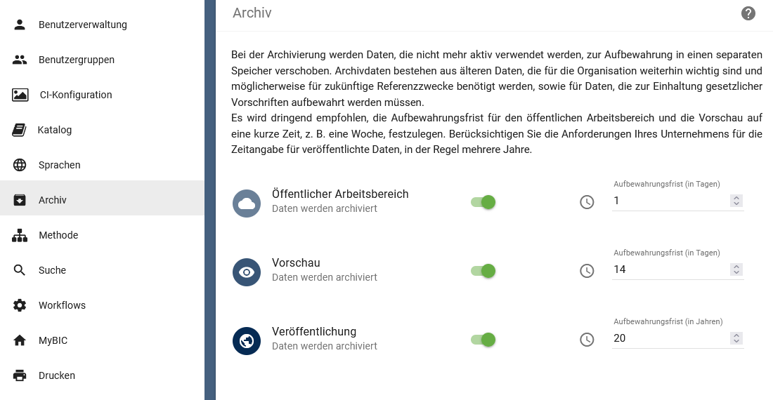 Der Screenshot zeigt das Archiv im Administrationsbereich und dessen Einstellmöglichkeiten.