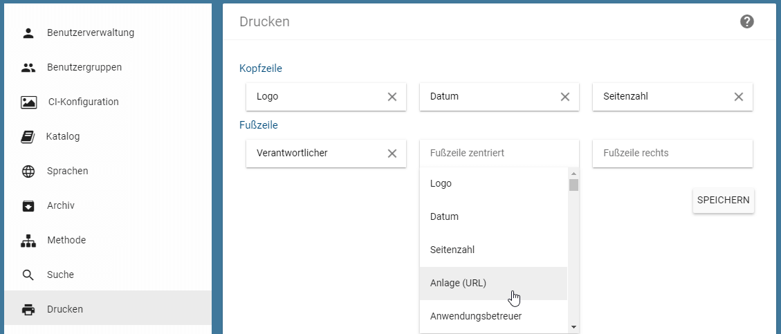 Der Screenshot zeigt den Reiter "Drucken" im Administrationsbereich und dessen Einstellmöglichkeiten.