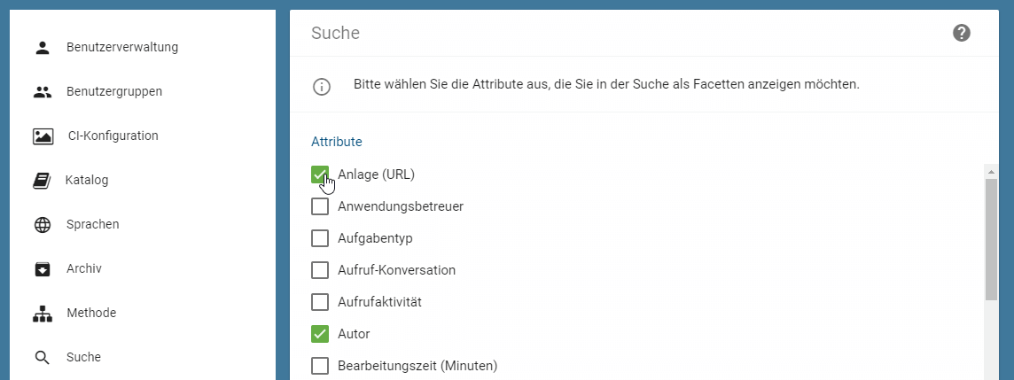 Der Screenshot zeigt die Suche im Administrationsbereich und zugehörige Einstellungsmöglichkeiten.