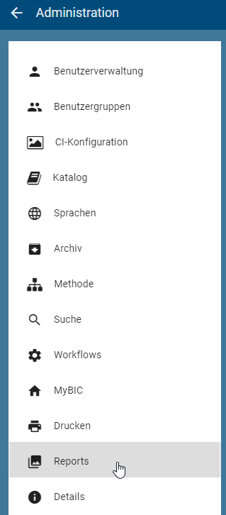 Hier wird das Menü im Administrationsbereich gezeigt und speziell der Reiter "Reports" hervorgehoben.