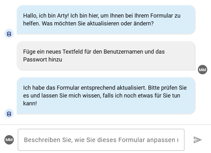 Der Screenshot zeigt ein Beispiel für die Verwendung von Arty im Formular-Editor zur Anpassung des Formulars.