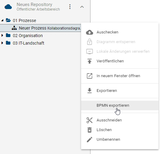 Hier wird die Schaltfläche "BPMN exportieren" im Kontextmenü eines Diagramm angezeigt.