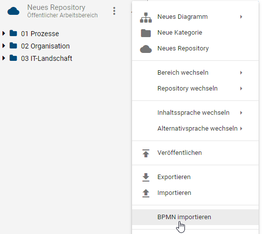 Hier wird die Schaltfläche "BPMN importieren" im Kontextmenü eines Diagramm angezeigt.