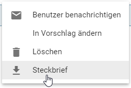 Der Screenshot zeigt die Schaltfläche "Steckbrief" im Kontextmenü des Katalogeintrags.