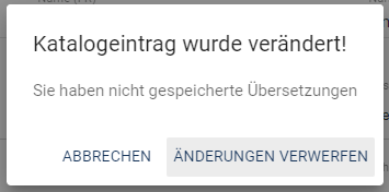 Der Screenshot zeigt den Dialog über nicht gespeicherte Änderungen in der Katalogübersetzung.