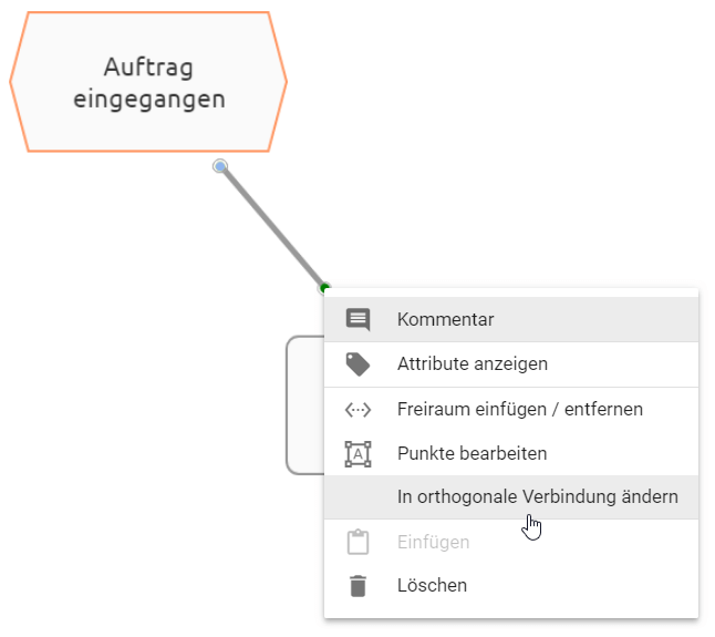 Der Screenshot zeigt die Schaltfläche "In orthogonale Verbindung ändern" im Kontextmenü einer Verbindung.