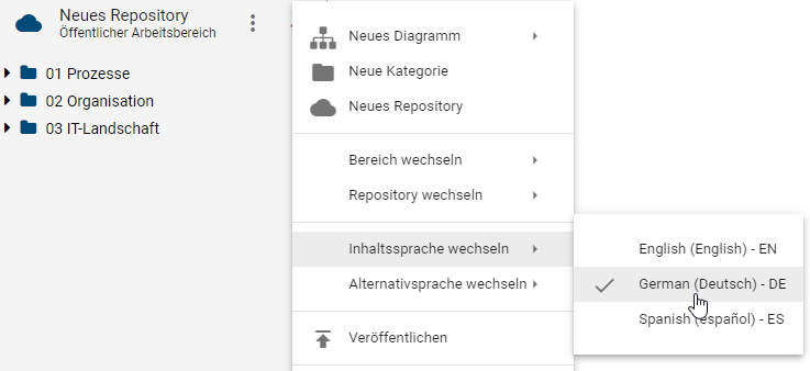 Hier wird das Kontextmenü des Repositorys mit der Schaltfläche "Alternativsprache wechseln" und den Einstellmöglichkeiten angezeigt.