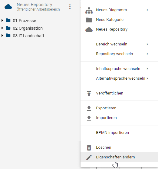 Dieser Screenshot zeigt die Schaltfläche "Eigenschaften ändern" im Kontextmenü des Repositorys.