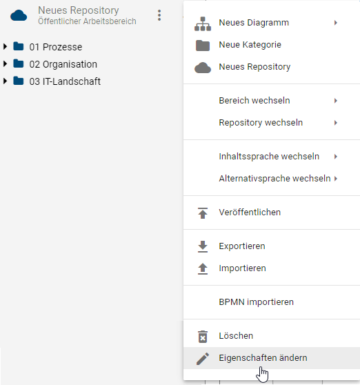 Dieser Screenshot zeigt die Schaltfläche "Eigenschaften ändern" im Kontextmenü des Repositorys.