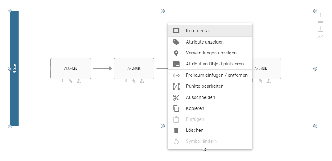 Der Screenshot zeigt die ausgegraute Funktion Symbol ändern im Kontextmenü eines Pool Objekts.