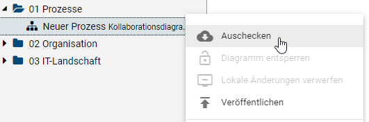 Dieser Screenshot zeigt die Schaltfläche "Auschecken" im Kontextmenü des Diagramms.