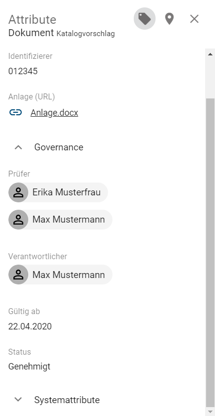Dieser Screenshot zeigt die Attribute eines Dokuments in der Anwendung.