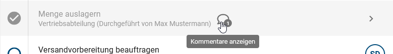 Hier ist die Option "Kommentare anzeigen" auf der rechten Seite eines Eintrags einer abgeschlossenen Aufgabe dargestellt.