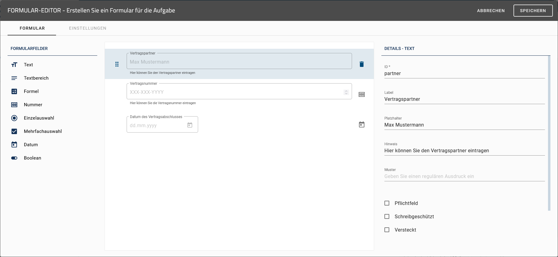 Der hier aufgeführte Screenshot zeigt den Formular-Editor.