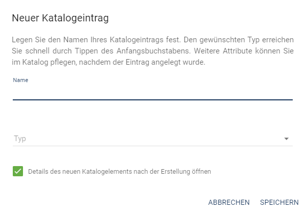 Der Screenshot zeigt ein Dialogfenster zum Erstellen eines neuen Katalogeintrags.