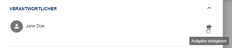 Der Screenshot zeigt den Abschnitt "Verantwortlicher" im Pop-up-Fenster einer Aufgabe mit der Funktion "Aufgabe delegieren".