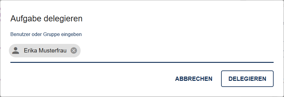 Der Screenshot zeigt den Dialog in dem ein Benutzer ausgewählt wurde, dem eine Aufgabe delegiert werden soll.