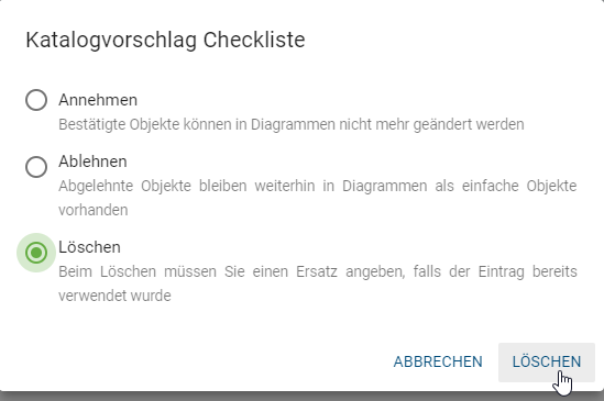 Dieser Screenshot zeigt das Fenster zum "Löschen" eines Katalogeintrags.