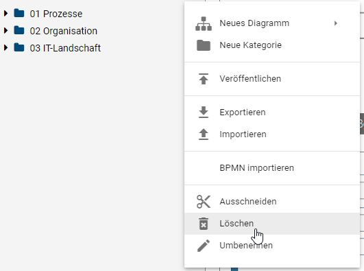 Dieser Screenshot zeigt die Schaltfläche "Löschen" im Kontextmenü einer Kategorie.