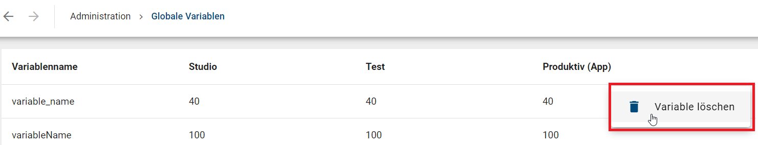 Der Screenshot zeigt die Option "Variable löschen" im Kontextmenü einer globalen Variable.