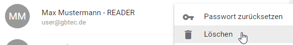 Dieser Screenshot verdeutlicht das Kontextmenü eines Eintrags in der Benutzerverwaltung mit der Option "Löschen".