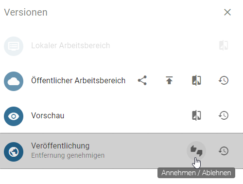 Der Screenshot zeigt die Schaltfläche "Annehmen/Ablehnen" in der Versionsleiste neben dem Bereich "Veröffentlichung".