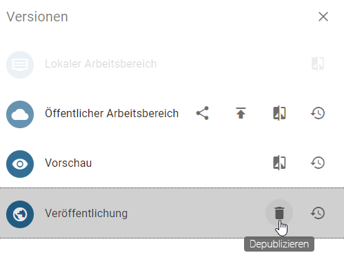 Hier wird die Versionenleiste mit dem ausgewählten Arbeitsbereich "Veröffentlichung" und der Schaltfläche "Depublizieren" angezeigt.