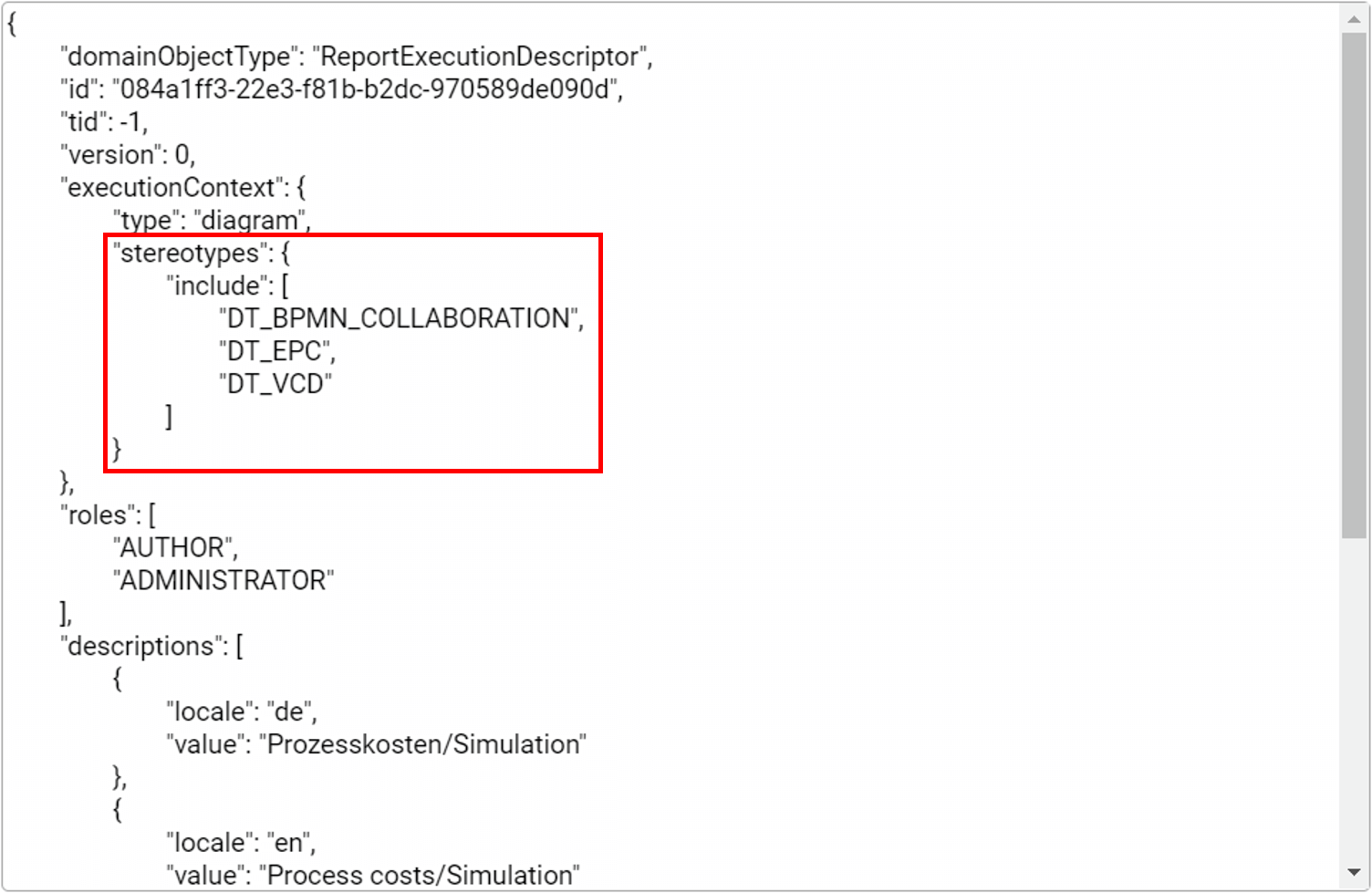 Dieser Screenshot hebt die Variable "stereotypes" und beispielhaft gepflegte Werte wie "DT_EPC" hervor.